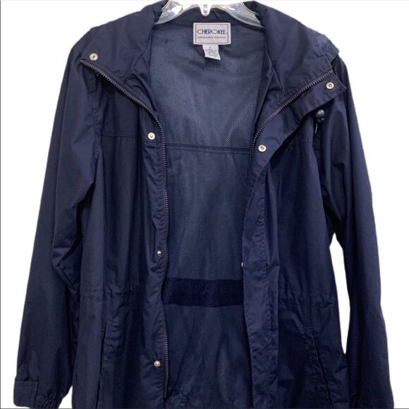 CHEROKEE JACKET WOMEN SMALL NAVY BLUE HOODED RAIN COAT WIND BREAKER SNAP UP. - Picture 2 of 7